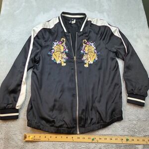 H&M Divided Embroidered Tiger Jacket Black Satin Bomber Full Zip Coat Size 8